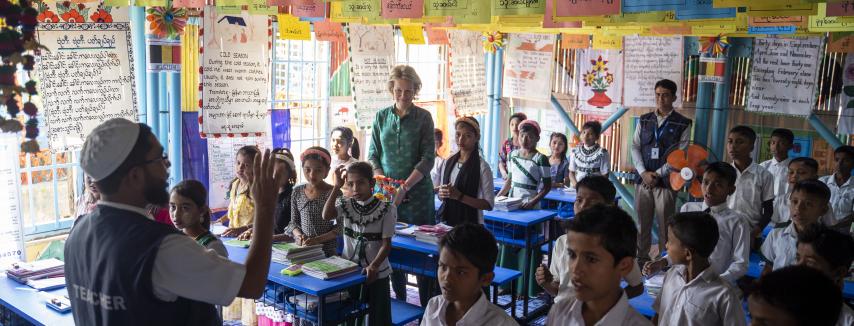 UN Secretary-General’s SDG Advocate Her Majesty Queen Mathilde of the Belgians visits one of the learning centres in the Cox’s Bazar camps where students are taught the Myanmar national Curriculum. Photo: UN/Saikat Mojumder