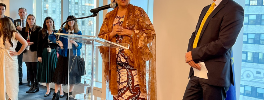 Deputy-Secretary General Amina Mohammed speaking at the event. On her left side: H.E. Ambassador Olof Skoog, Head of the European Union Delegation to the UN in New York.